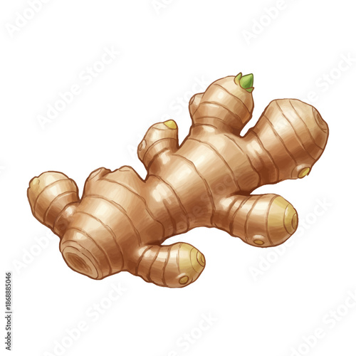 Illustration of a light brown ginger rhizome with a small green sprout