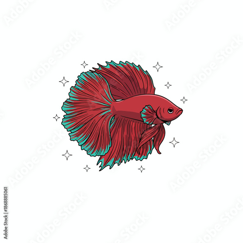 Illustration of a red Siamese fighting fish with teal fin edges and surrounding sparkles