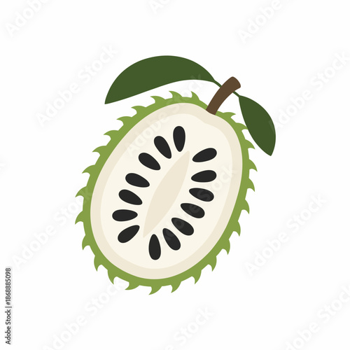 Illustration of a spiky halved soursop fruit with seeds and leaves