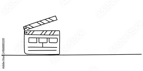 A minimalist line drawing of a movie clapperboard on a plain background