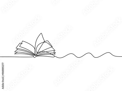 A minimalist line drawing of an open book with a continuous line forming a leaf and flowing into the distance.