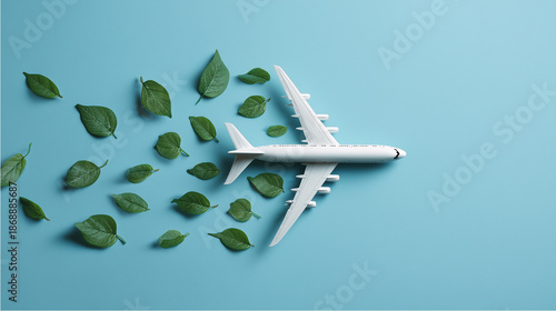 White model airplane flying with green leaves trailing behind on blue background, representing sustainable aviation and eco-friendly travel for environmental protection