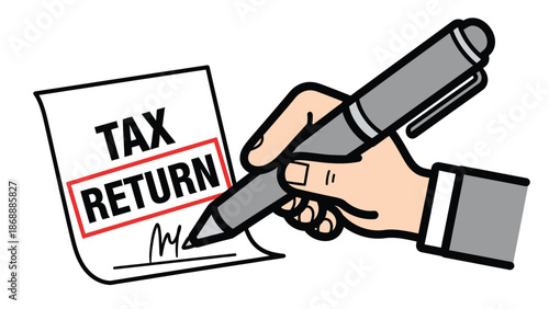 Hand Signing Tax Return Document with Pen Illustration