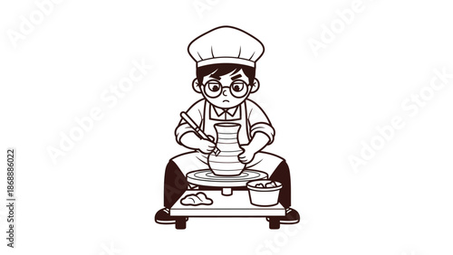 Cartoon Potter Shaping Clay on Wheel in Black and White Illustration
