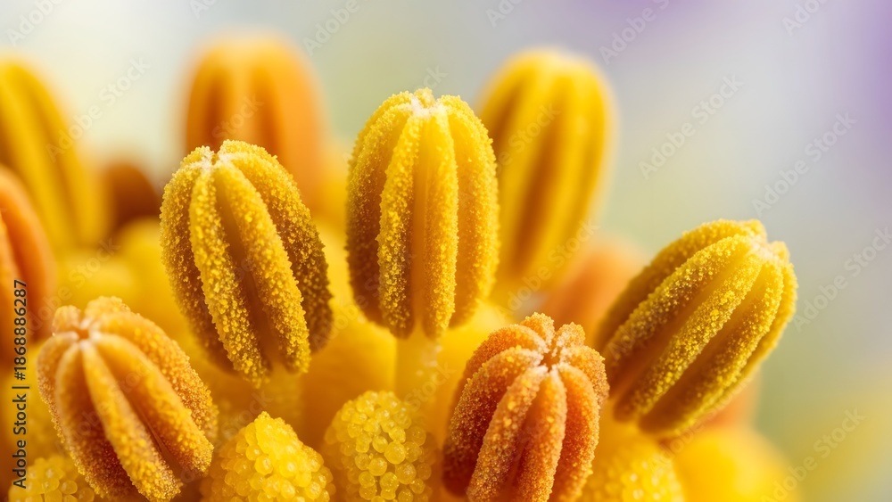 Fototapeta premium Extreme macro photograph of pollen grains on flower stamens, scientific botanical detail