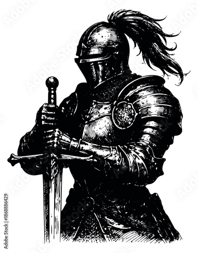 Hand drawn line art illustration of a knight depicting a medieval warrior holding a sword for historical or fantasy themes