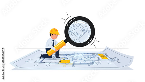 Engineer Analyzing Architectural Blueprint with Magnifying Glass
