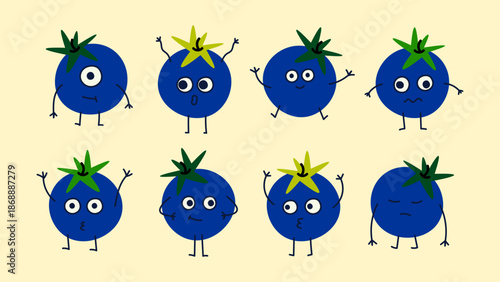 Adorable berry characters with blueberries and small berries. Sweet cartoon faces, cozy vibes, ideal for kids design, stickers and packaging.