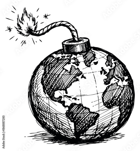 Hand drawn line art illustration of the Earth shaped like a bomb depicting a lit fuse for global crisis