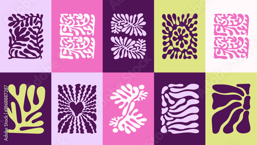 Hand-cut floral shapes with rhythmic groovy waves. Collection of 10 abstract botanical elements for fresh graphic design, horizontal banners, posters and modern decor.