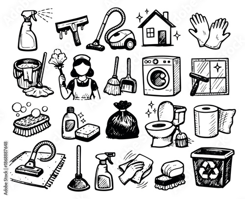 Hand drawn line art household cleaning set featuring essential cleaning tools and a maid for domestic chores
