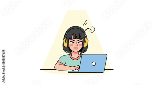 Cartoon Woman Concentrating on Laptop with Headphones in Minimalist Design