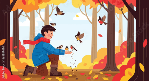 A kind young boy in a blue jacket feeding small birds from his hand.