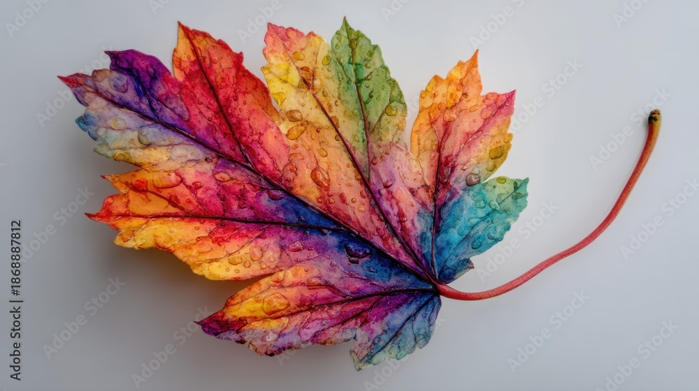 Obraz premium Vibrant multicolored leaf with water droplets on white background.