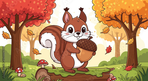 Adorable cartoon squirrel character holding a giant acorn.