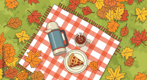 Autumn picnic setting with a thermos hot drink and a slice of pie on a checkered blanket.