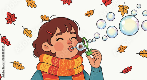 Cute cartoon girl in a warm scarf blowing soap bubbles.
