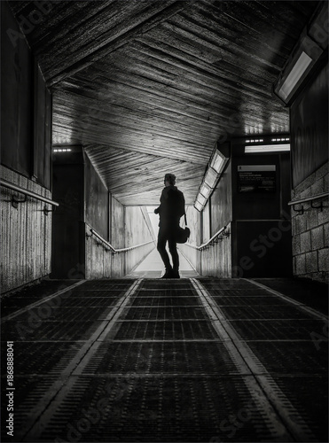 Silhouette of Man Walking Through Underground Tunnel, Black & White