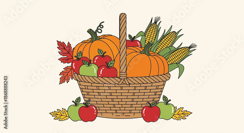 Handdrawn wicker basket overflowing with autumn harvest produce.