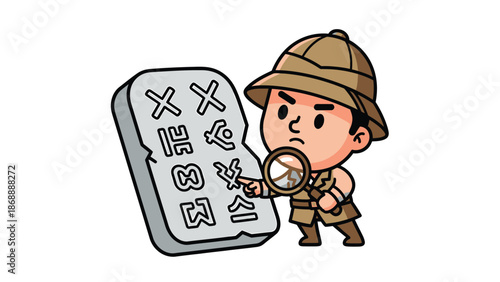 Cartoon Archaeologist Studying Ancient Tablet with Magnifying Glass