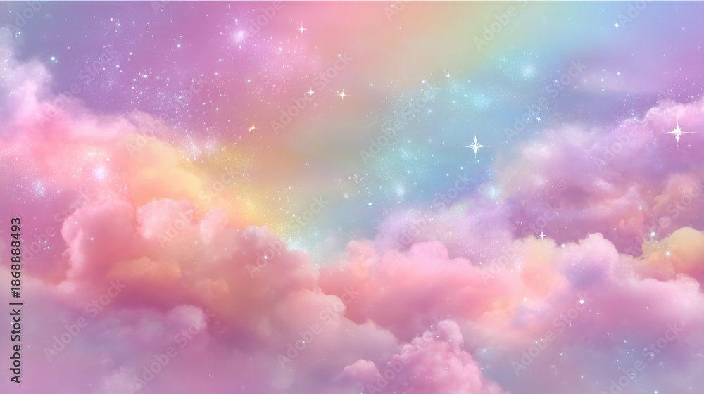 Obraz premium Dreamy pastel sky with colorful clouds and stars in a serene atmosphere.