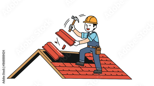 Cartoon Roofer Repairing Roof with Hammer and Tiles