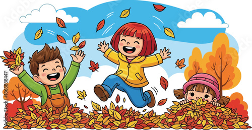 Three happy cartoon children playing in a large pile of autumn leaves.