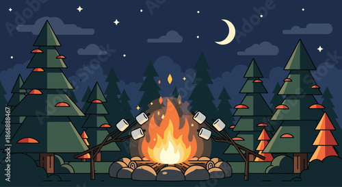 Toasting Fluffy White Marshmallows Over a Bright Campfire.