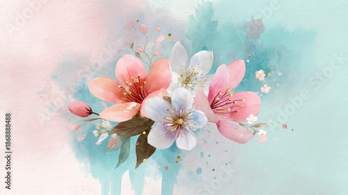 Vibrant watercolor floral composition with pink and white blossoms on pastel background.