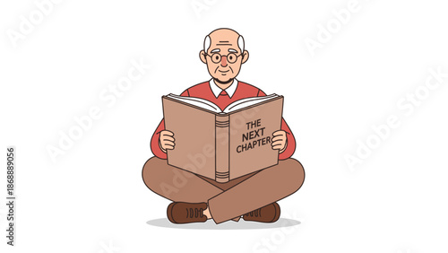Elderly Man Reading a Book Titled "The Next Chapter" Illustration