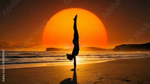 Yoga handstand silhouette at golden sunset beach. Wellness fitness exercise balance meditation mindfulness concept. Ocean waves peaceful seascape. Healthy lifestyle active workout training.