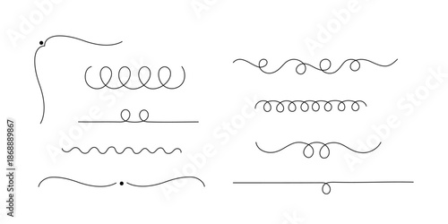 Set of minimalist hand-drawn dividers. Black elegant swirls, boho flourishes, and whimsical squiggles. Perfect for bullet journal, wedding stationery, dainty branding, and scrapbooking design