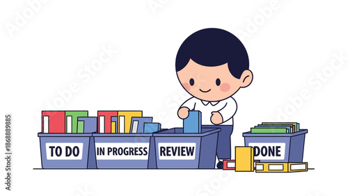 Cartoon Character Organizing Tasks with Kanban Methodology