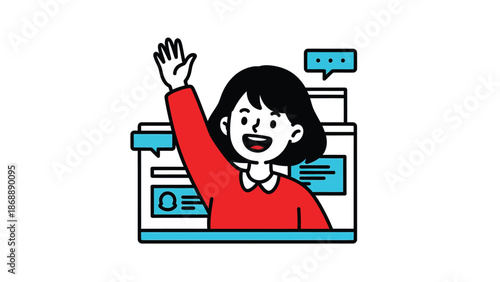 Cartoon Character Waving with Speech Bubble and Web Interface Elements