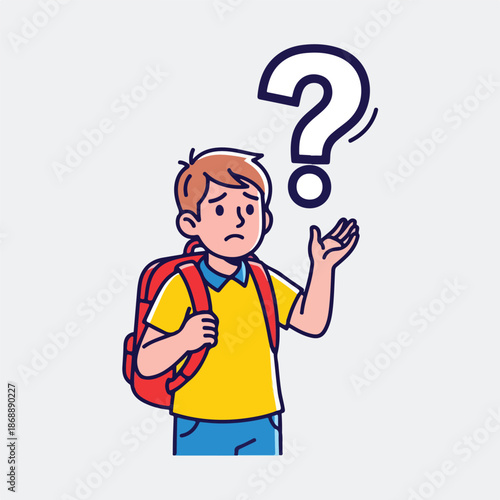 Confused schoolboy with backpack and question mark above his head.