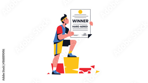 Athlete Celebrating Victory with Award Certificate on Podium
