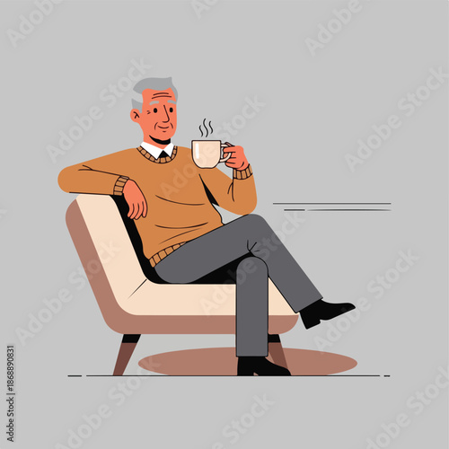 Elderly man enjoying coffee while relaxing on a comfortable chair.