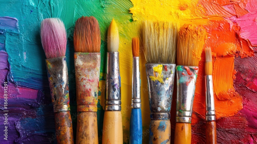 Obraz premium Variety of paintbrushes on vibrant rainbow paint palette.