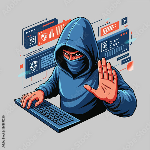 Hacker in a hoodie using a keyboard with digital screens.