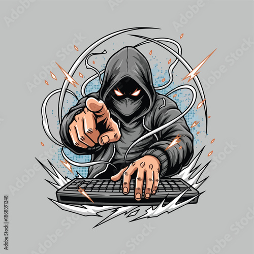 Hacker pointing at you while typing on a keyboard digital art.