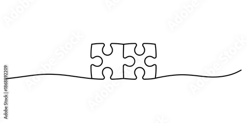 A minimalist line drawing of four interconnected puzzle pieces emerging from a wavy line on a white background