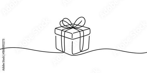 A simple line drawing of a gift box with a ribbon tied around it
