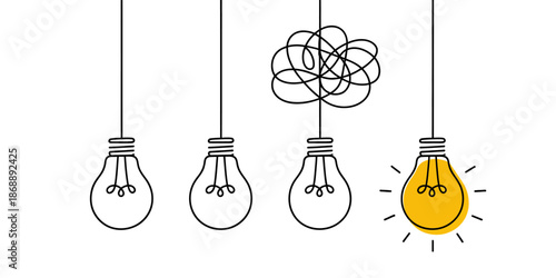 An illustration of four light bulbs with one glowing bright yellow, symbolizing a great idea or inspiration.