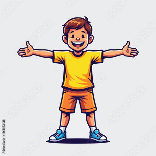 Happy young boy with open arms in a yellow shirt.