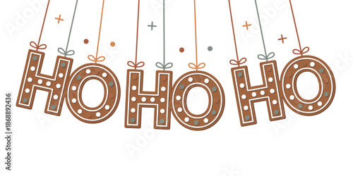 A festive Christmas decoration featuring the phrase 'HO HO HO' in brown letters with white polka dots, hanging from strings with bows and ornaments on a white background.