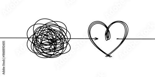 A simple line drawing of a heart emerging from a tangled mess of lines, symbolizing love and order.