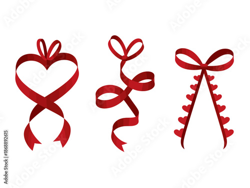 A set of red ribbon bows and hearts on a white background for Valentine's Day or love-themed designs