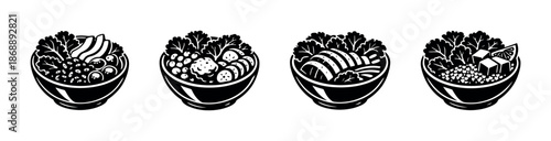 Salad bowls vector icons set. food, healthy meal, vegetable symbols