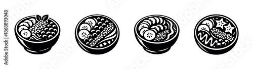Acai bowls vector icons set. fruit, smoothies, healthy snack symbols