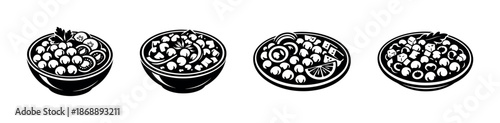 Fruit bowls vector icons set. food, salad, berry illustrations